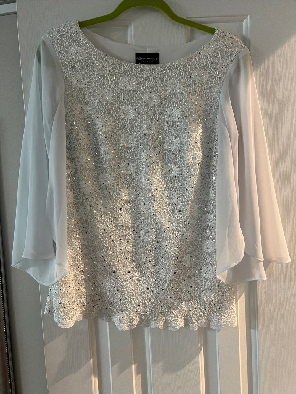 Elegant White Lace & Chiffon Sleeve Blouse by Cachet